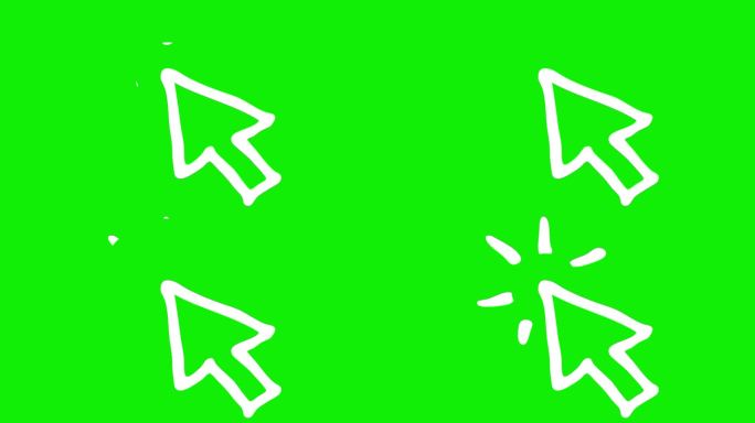 鼠标光标的动画白色符号。带射线的箭头点击。图标在素描风格。手绘矢量插图隔离在绿色背景。