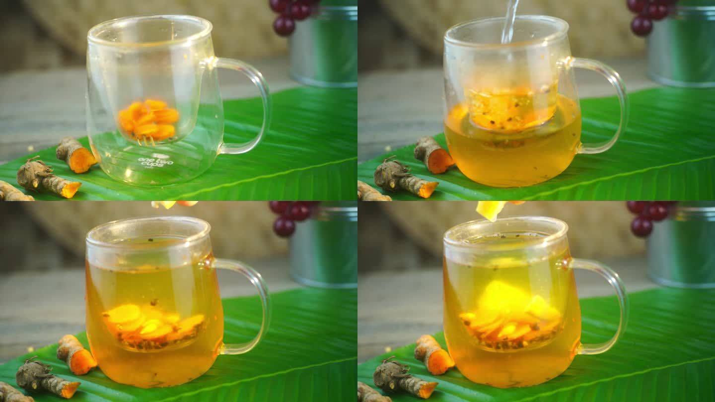 用姜黄、黑胡椒、蜂蜜和柠檬制作草药饮料的过程。
