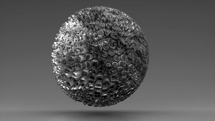 三维渲染单色黑白抽象艺术视频动画，带有超现实的飞行赛博球或球体，在转换过程中采用基于八角形线结构的分