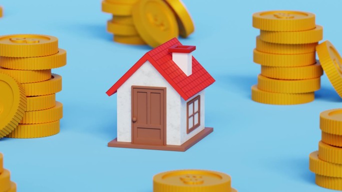 为买房挣钱和存钱。未来的房地产投资。不动产抵押贷款。有金币堆的3D房子。4k 3d动画