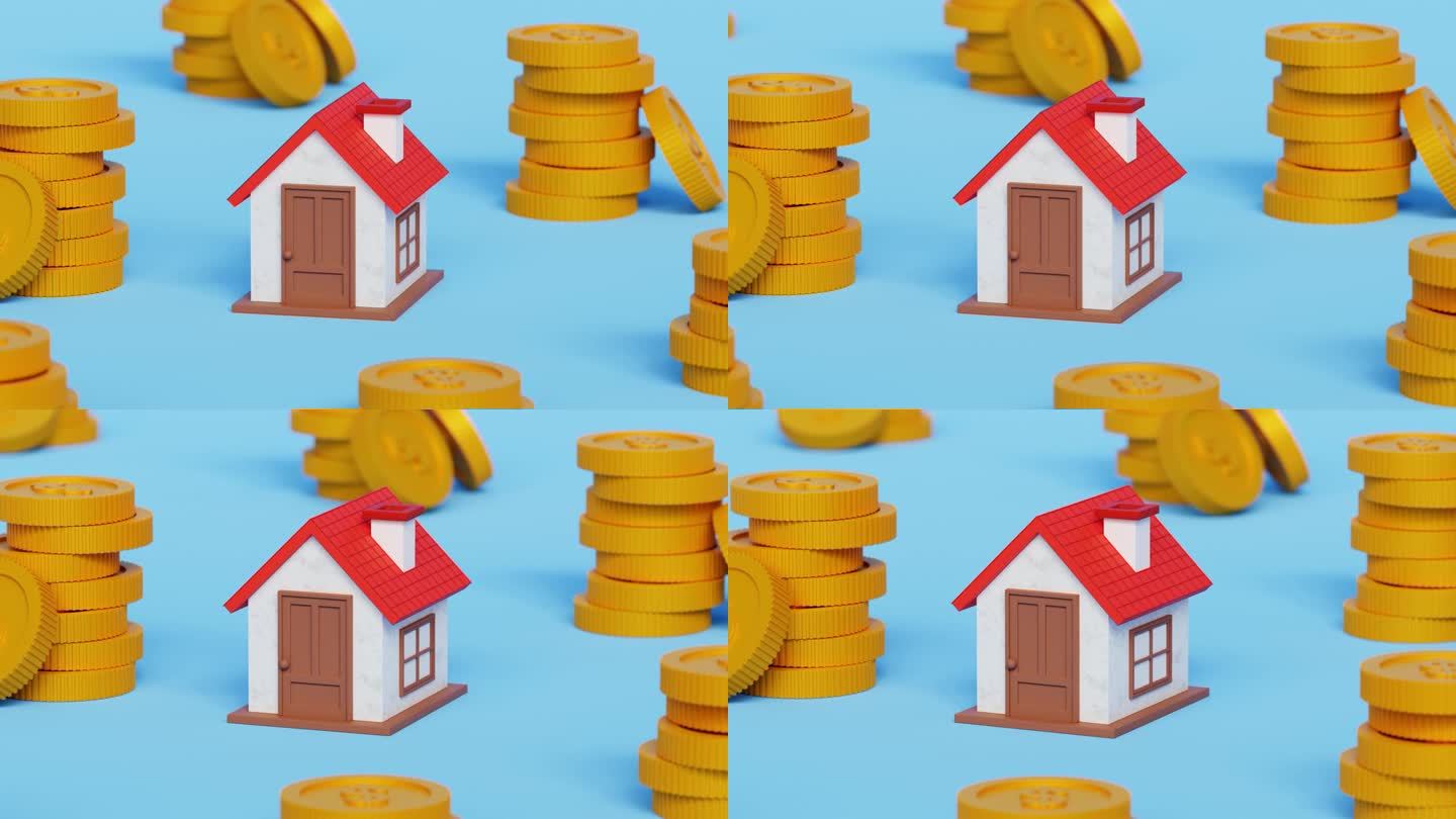 为买房挣钱和存钱。未来的房地产投资。不动产抵押贷款。有金币堆的3D房子。4k 3d动画