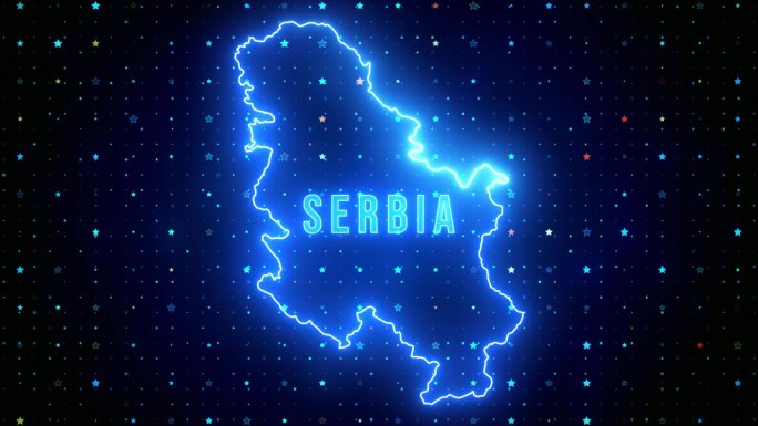 未来的蓝色闪耀塞尔维亚轮廓地图和标签文本发光霓虹灯耀斑运动揭示与星星闪烁网格背景