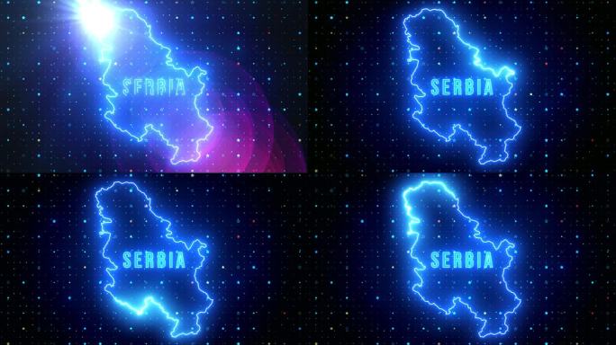 未来的蓝色闪耀塞尔维亚轮廓地图和标签文本发光霓虹灯耀斑运动揭示与星星闪烁网格背景