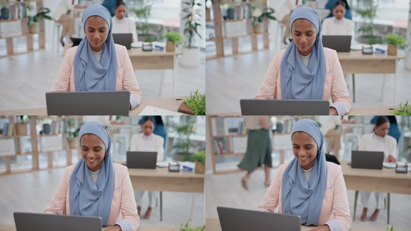 商务女性，办公室策划和笔记本电脑用于在线文案，社交媒体管理和快乐实习。穆斯林作家戴着头巾，用电脑处理