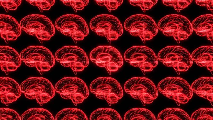 许多黑色背景上的红色全息人脑图。
