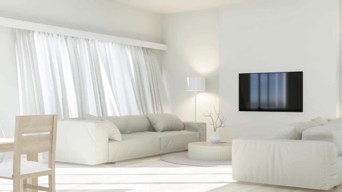 现代客厅以极简主义风格装饰，全白色3d渲染