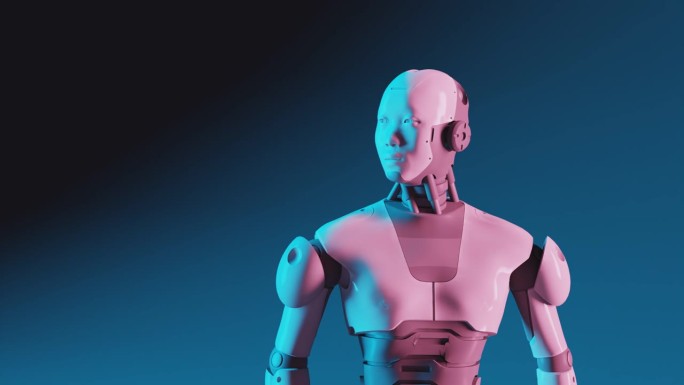 思考AI类人机器人像人类一样移动脖子和头部，使用人工智能3D渲染动画