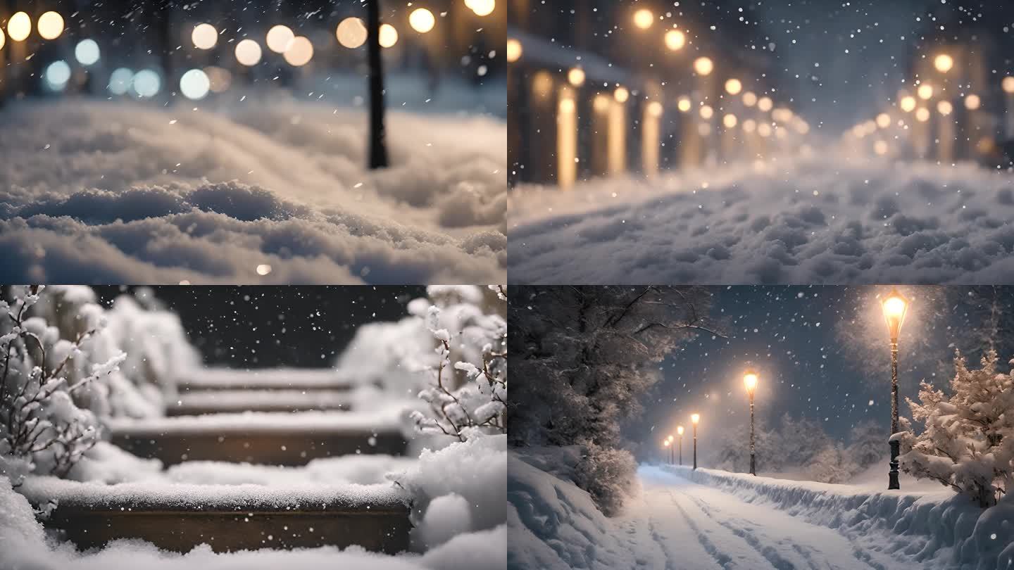 唯美城市夜晚下雪