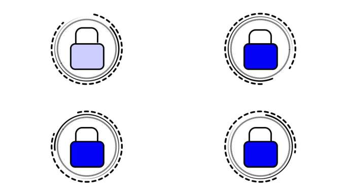 蓝色挂锁图标内虚线圆形边框动画在白色背景。
