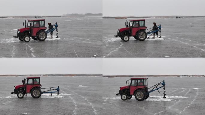 冬捕过程，凿冰面打孔，下网捕鱼