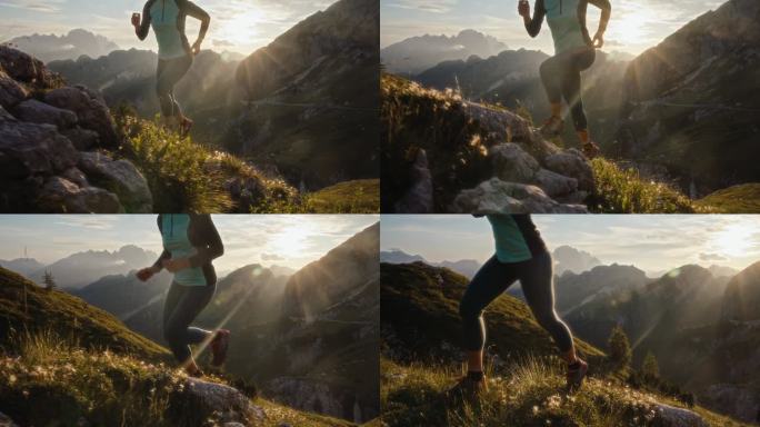 阳光明媚的一天，穿着运动服的女子在Rocky Mangart山上跑步