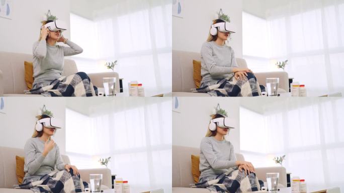 患病的亚洲妇女戴着VR虚拟现实眼镜，与医生进行虚拟预约，在线医疗咨询