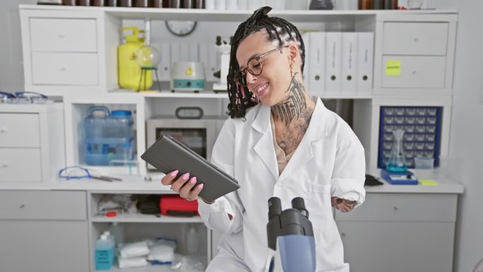 微笑的西班牙截肢妇女，在高科技实验室里自信地掌握着她的触摸板