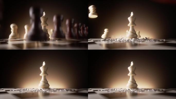 白棋王掉到棋盘上，击毁了黑棋和白棋兵。侵略性的攻击和成功的策略的3d慢动作动画。游戏中的胜利。