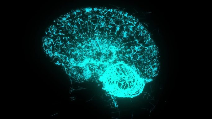 黑色背景上的人类大脑霓虹灯全息图。神经网络，显示思维活动中神经元活动的脉冲。人工智能的概念，机器学习