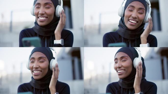 穆斯林，女人，戴着耳机听音乐，科技或流媒体广播，播客或在线音频自由。快乐，女孩戴着头巾，放松嘻哈，电