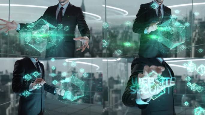 网站安全-商人工作与虚拟现实在办公室。