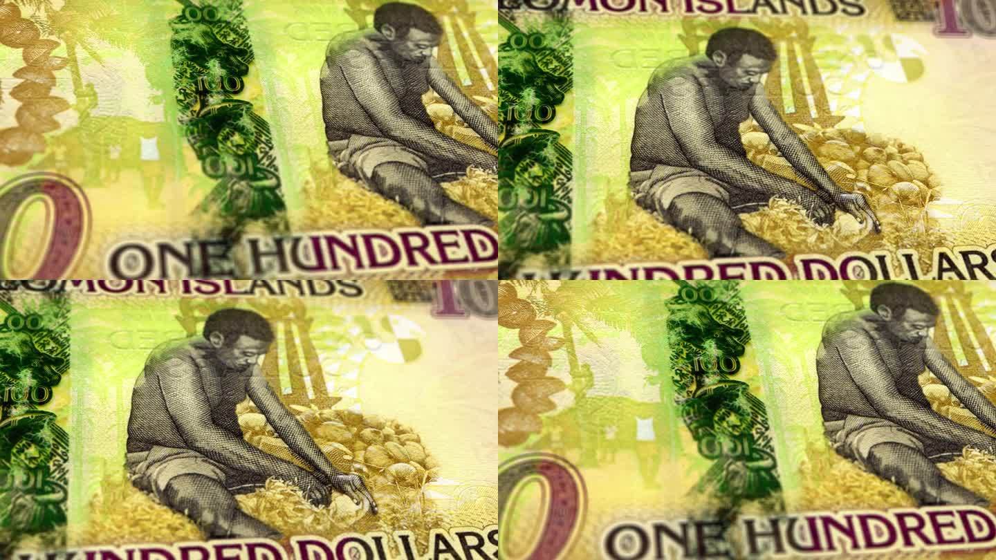 所罗门群岛所罗门群岛美元100钞票，一百所罗门群岛美元，所罗门群岛美元的特写和宏观视图，跟踪和多莉拍