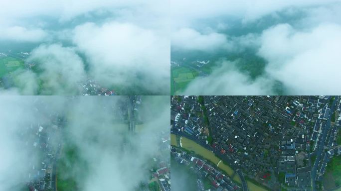 远山云雾穿云俯瞰绿水青山烟雨江南古镇