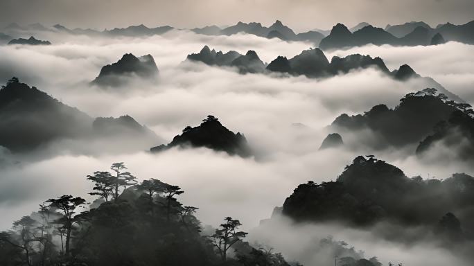 中国风 水墨风远山 山峦叠嶂云雾缭绕山川