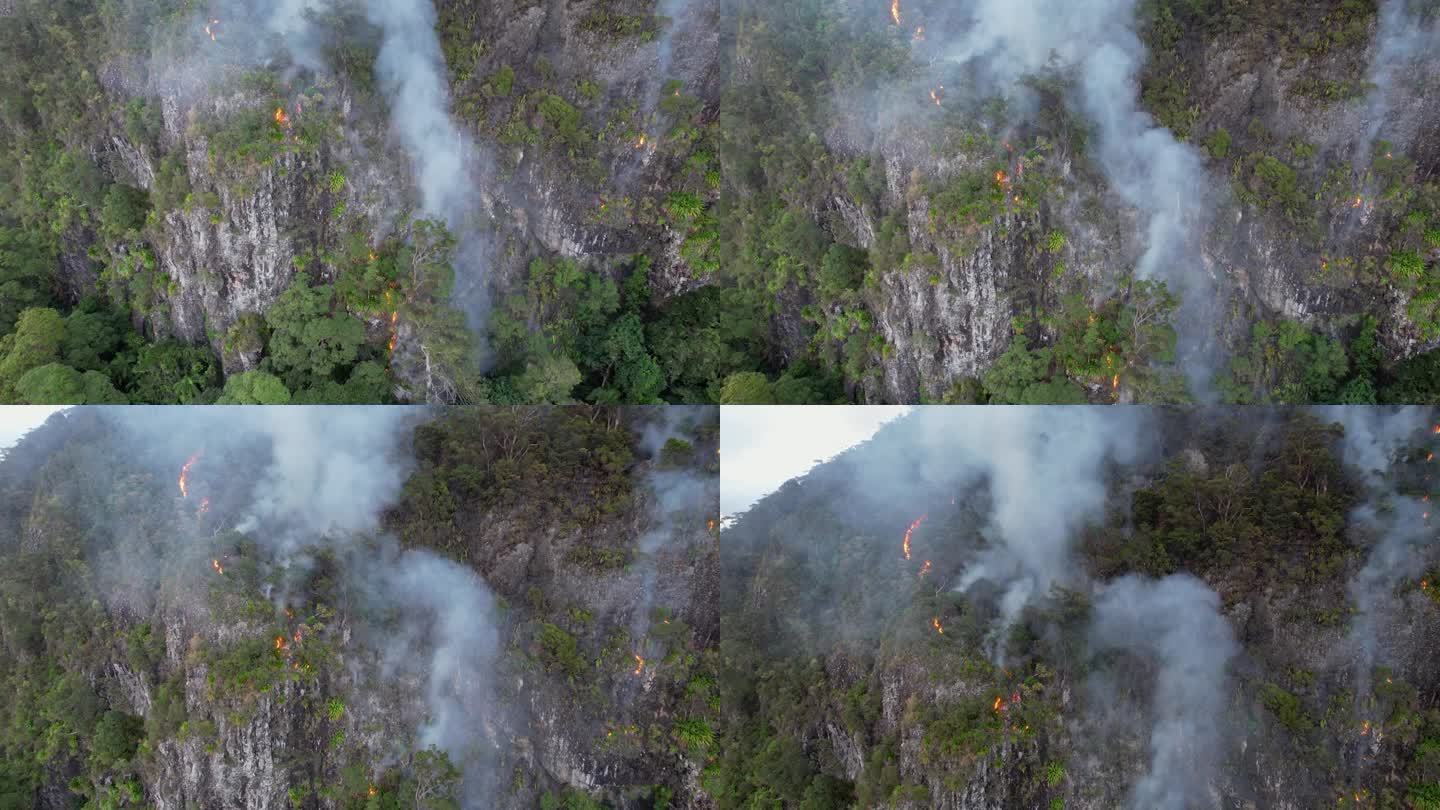 烟雾从澳大利亚昆士兰州科伦宾山谷附近的森林大火中升起。航拍上升图