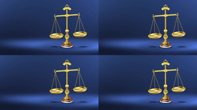 传统金衡循环动画的正义与比较概念。金色天平平衡在深蓝色的背景