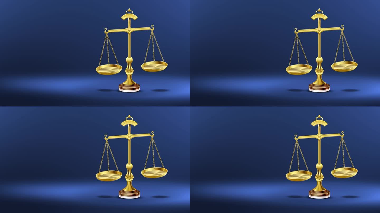 传统金衡循环动画的正义与比较概念。金色天平平衡在深蓝色的背景