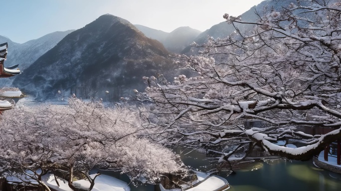 6K宽屏古风冬天园林背景 C