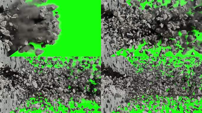 破坏一堵墙。一个爆炸墙的3d动画。混凝土墙体开裂。绿色背景上被毁坏的墙壁