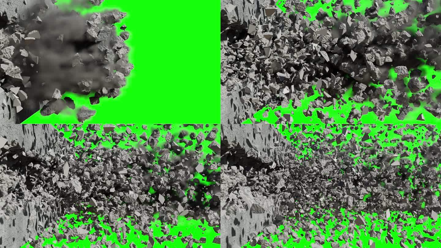 破坏一堵墙。一个爆炸墙的3d动画。混凝土墙体开裂。绿色背景上被毁坏的墙壁