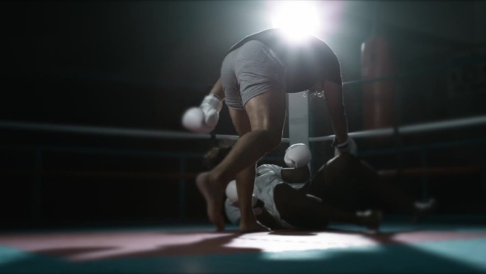 战斗机击败对手，以800帧/秒的速度在高速斜坡上用戏剧性的灯光将他打倒在地。拳击手内环