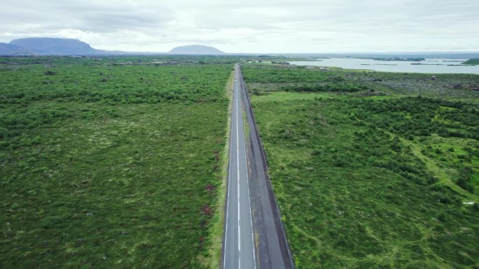 在冰岛的夏天，一条笔直的公路通往长满青苔的荒野