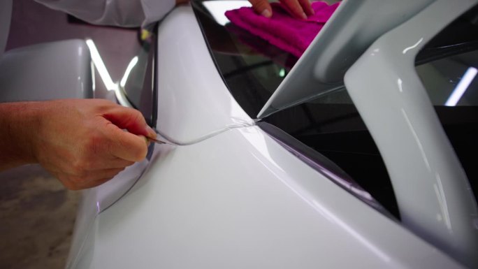 一位男士用塑料刮刀在新车上涂保护膜。