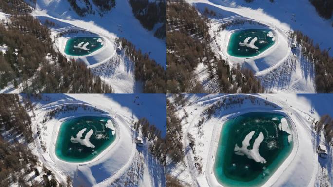 人工造雪集水区水库湖滑雪场供雪机推在倾斜向下航拍无人机拍摄