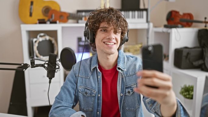 一名穿着牛仔夹克的快乐男子拿着智能手机在一间有吉他和录音设备的音乐工作室里拍视频。
