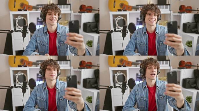 一名穿着牛仔夹克的快乐男子拿着智能手机在一间有吉他和录音设备的音乐工作室里拍视频。