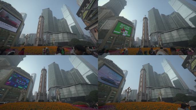 4K重庆雨中解放碑城市空景人流10bit