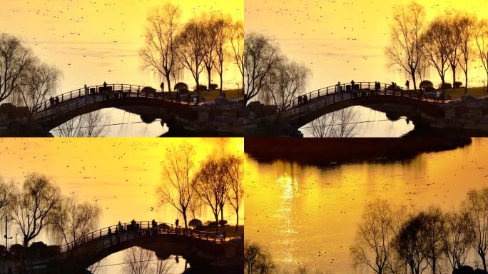 中国古画写实桥梁湖面千里江山图公园旅游