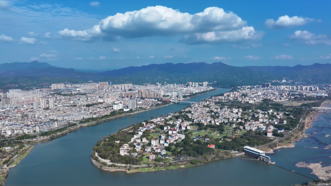 龙岩上杭县城空景 汀江和皮划艇