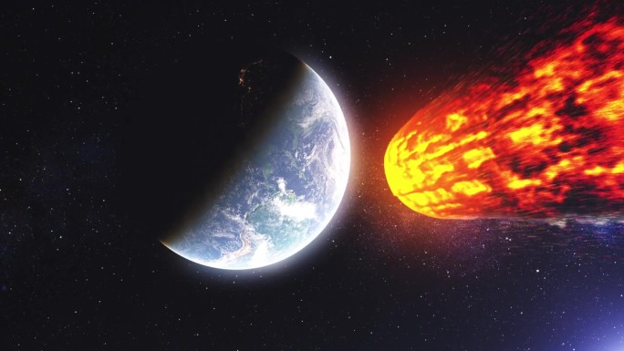 巨大的燃烧着的小行星正冲向地球