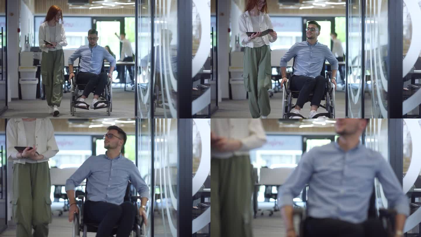 年轻的商业同事，合作的商业同事，包括一个坐轮椅的人，走过现代化的玻璃办公室走廊，展示了工作场所的多样