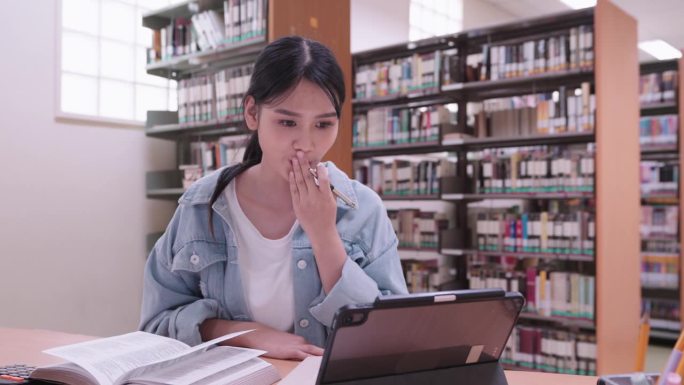 一名亚洲女学生在大学图书馆的平板电脑上高兴地查看自己的考试成绩。她的得意流露出考试的圆满结果，给图书
