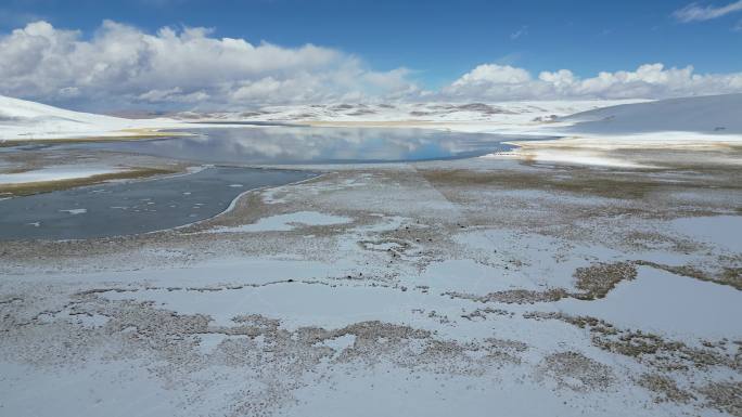 雪中湖泊大气美丽神秘航拍