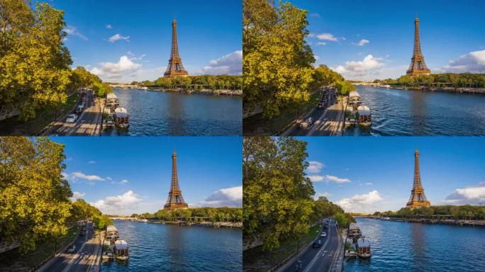 法国巴黎夏季埃菲尔铁塔周围道路和水上交通拥挤的时间流逝图