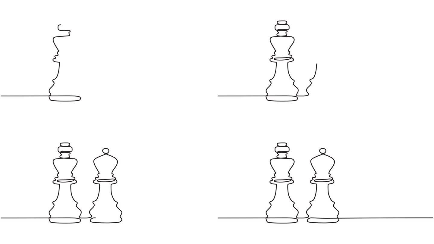 棋类人物在游戏中移动的连续单行动画视频。战略、管理或领导概念。象棋游戏中的移动线动画
