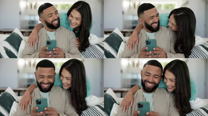 爱，拥抱和夫妇在沙发上用电话快乐，关心和纽带在他们的家在一起。在客厅里用智能手机玩社交媒体、交流或流