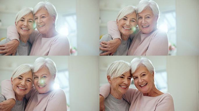 年长的朋友，在家里拥抱和微笑的肖像，在退休时支持，爱和幸福的头像。笑口常开，面对着与老年妇女的关怀和
