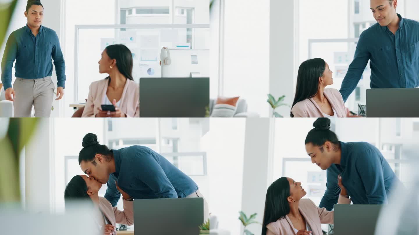 办公室商务情侣与HR员工的恋情接吻有违反人力资源政策或工作场所合规的风险。年轻的公司工作的商人，秘密