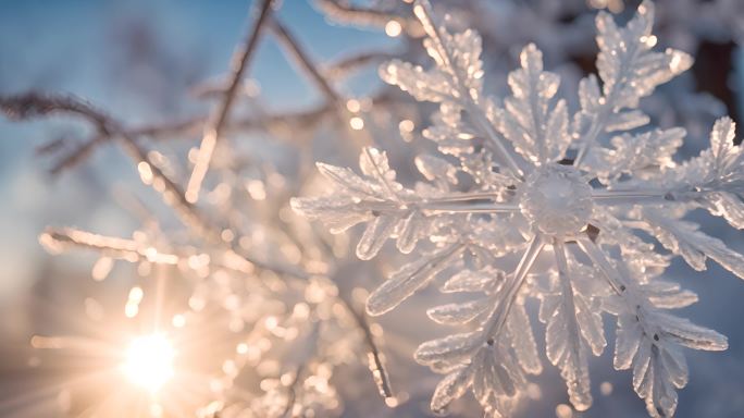 冬天下雪冬季唯美浪漫雪景霜花雪花冰晶结晶