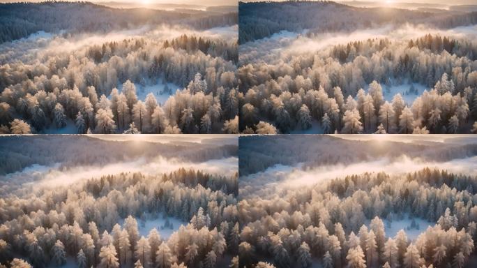 航拍唯美雾凇冬季冬天自然风光风景兴安岭